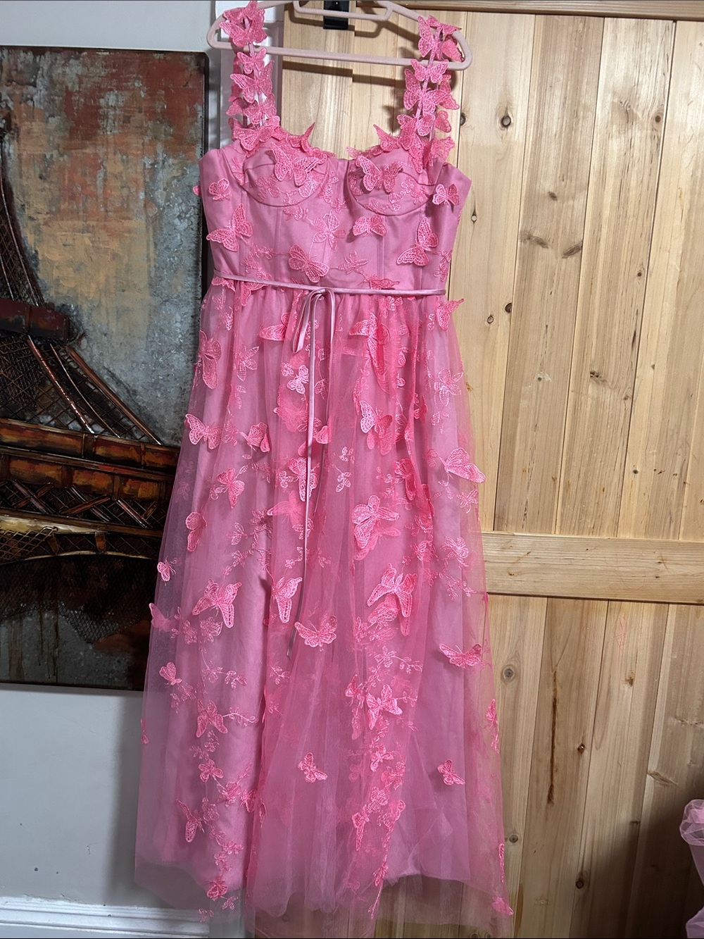 Pink 3D Butterfly-Appliqué Tulle Corset back Midi Dress
